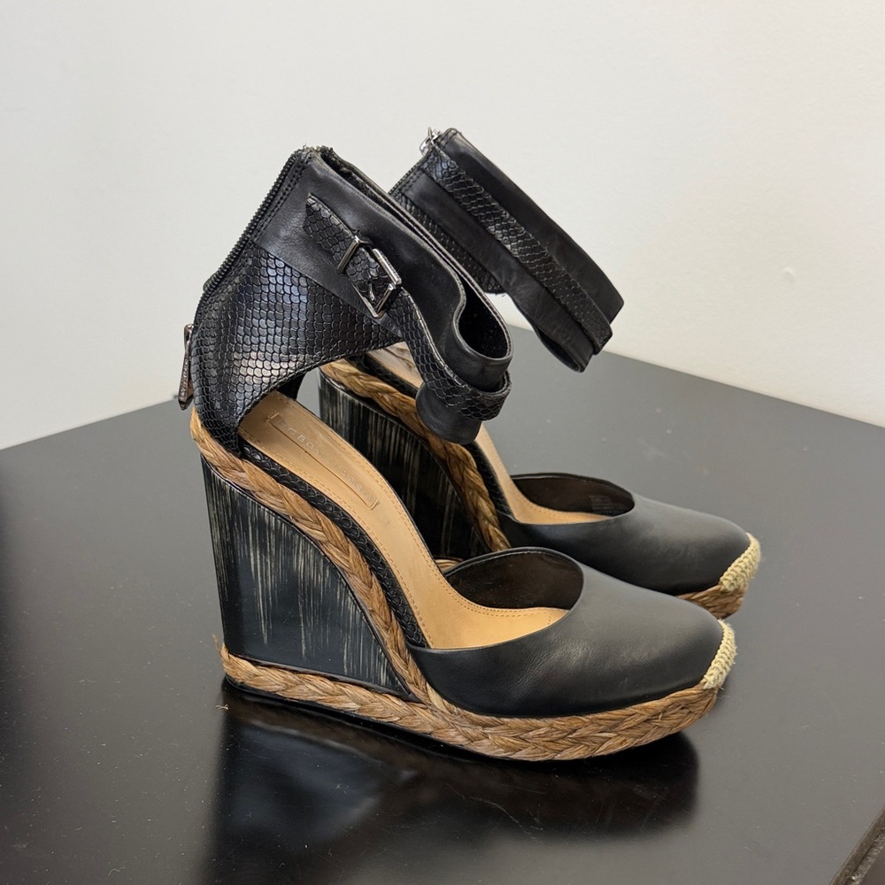 BCBG Max Aria Black Wedge Espadrille Heels with Ankle Strap